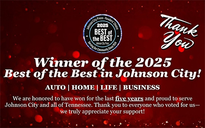 Winner of the 2025 Best of the Best in Johnson City award, highlighting auto, home, life, and business insurance services with a thank you message for community support over five years. - debreeinsurance.com